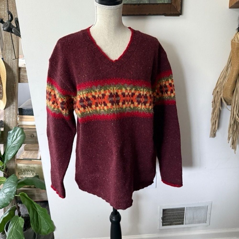90s Vintage Eddie Bauer Women’s Wool Knit Striped Fair Vneck sweater Medium